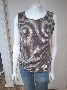 EUC Sleeveless Silver Sequin Scoop Neck Tank Top - Gray Taupe
